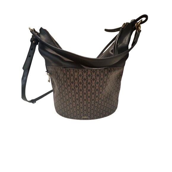 Fossil Womens Black & Brown Signature Monogram Crossbody Bag With Adjustable Str - Picture 5 of 6